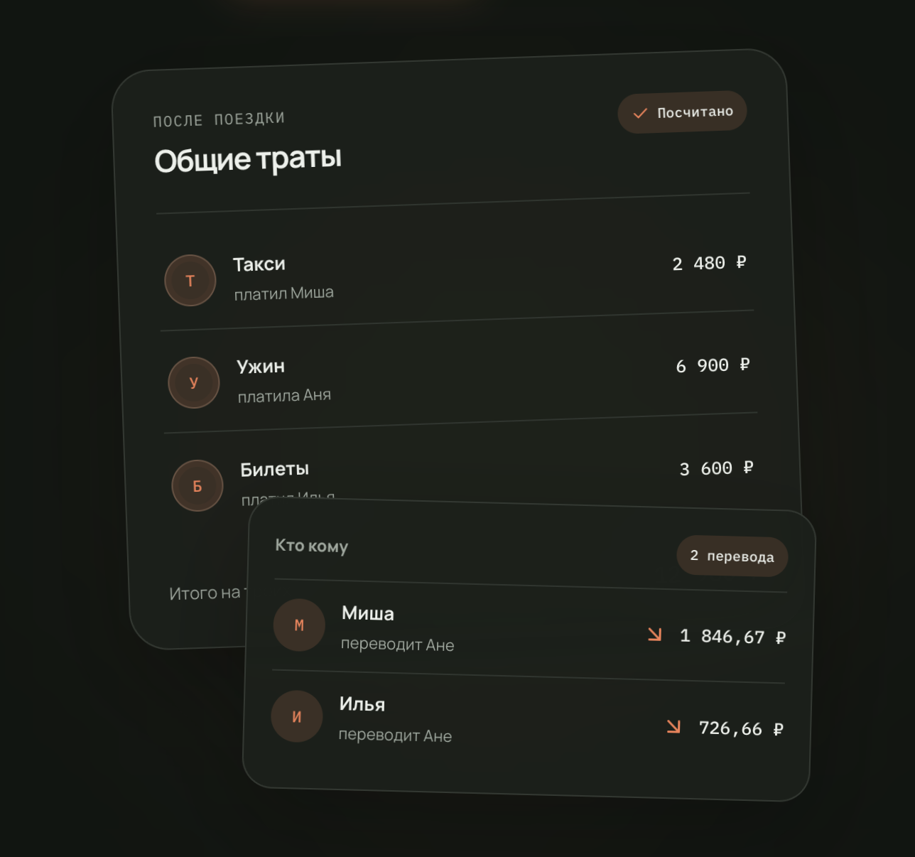 Пример расчёта общих расходов: три траты сведены к двум итоговым переводам